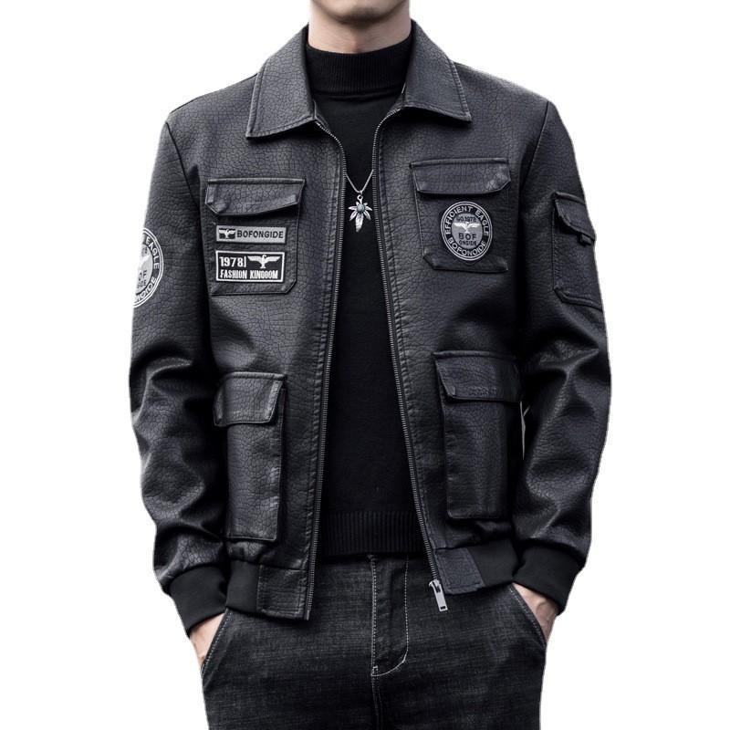 Mens Plus Size Winter PU Leather Jacket Fleece Lined Thickened Biker Coat Slim Fit Embroidered Trendy Streetwear