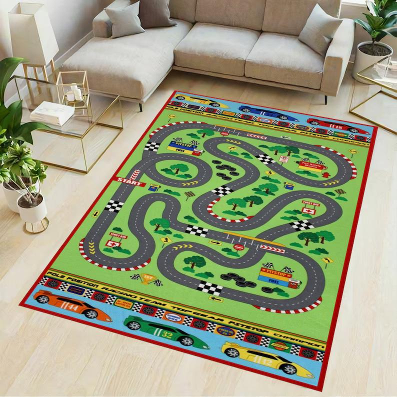 City Play Rug for Kids Car Track Carpet with Roads and Buildings Educational Traffic Map Mat, Boys Room Decor Baby Area Rug