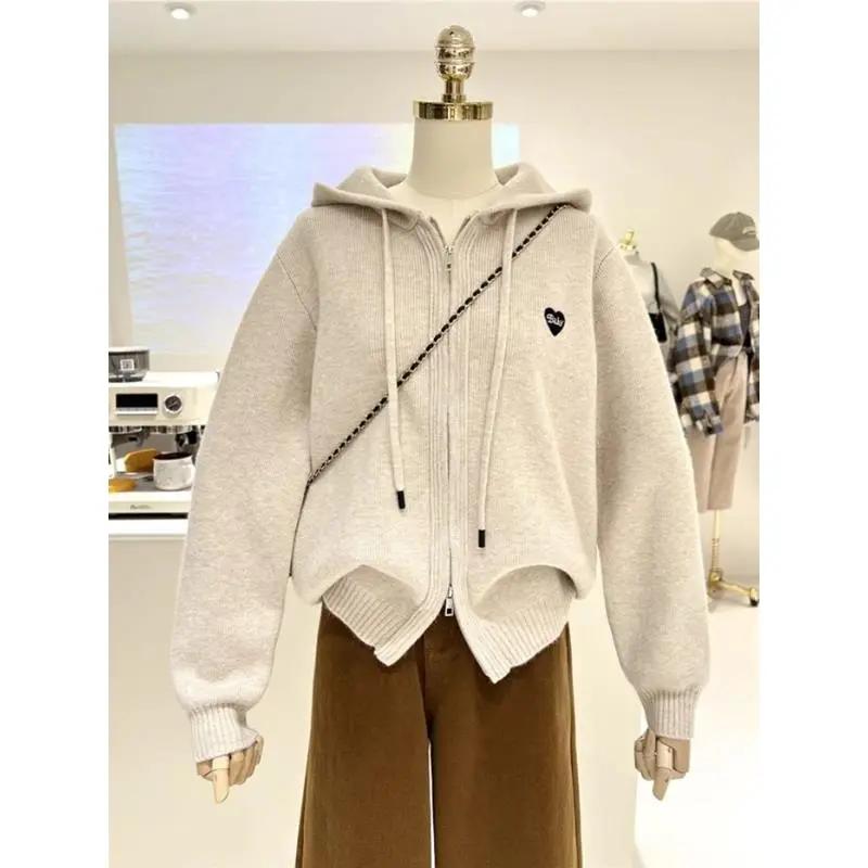 

Осень Зима Простая вышивка Сердце Свободный Корейская версия Толстый Теплый Кардиган на молнии С капюшоном Вязаный свитер Женское пальто XS бежевый