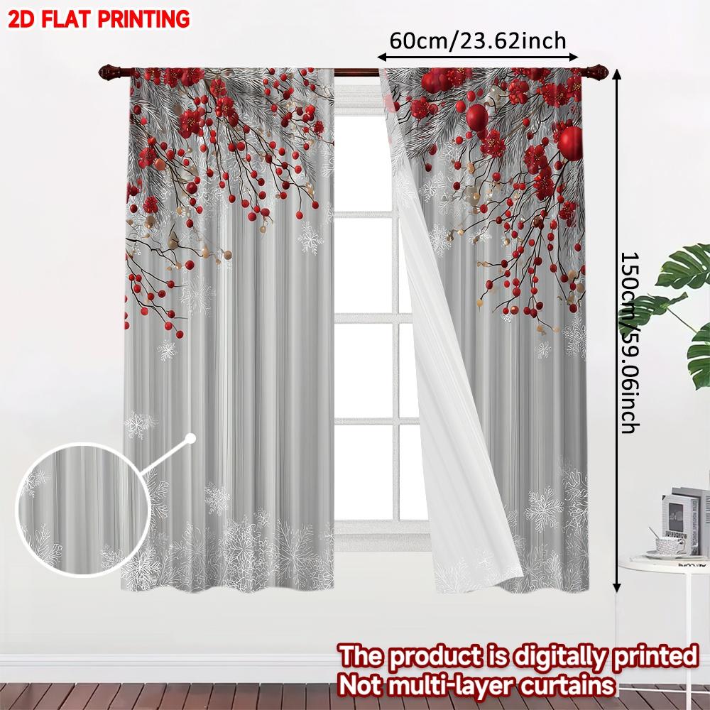 2D Flat Printing 2pcs Merry Christmas Trendy Curtains Christmas Red Berries Snowflakes Digital Printed Polyester Drapes Holiday
