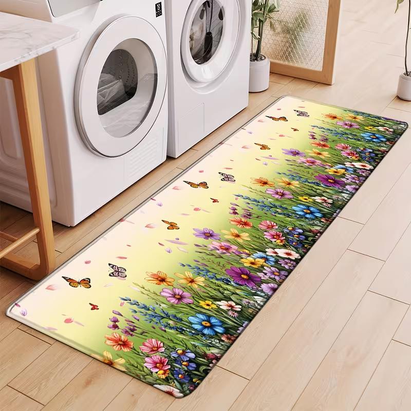 Green Leaf Rose Flower Butterfly Long Strip Floor Mat Kitchens Shoe Changing Areas Kitchens Floor Mats Farmhouse Decorations