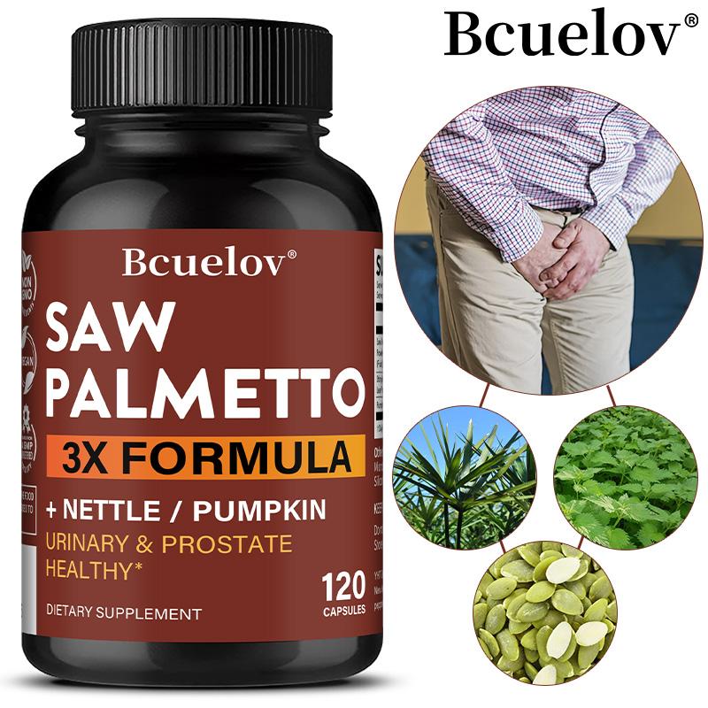 Bcuelov Saw Palmetto 3X Formula Supplement , 500mg, Nettle & Pumpkin Seed, Men's Wellness, 120 Caps