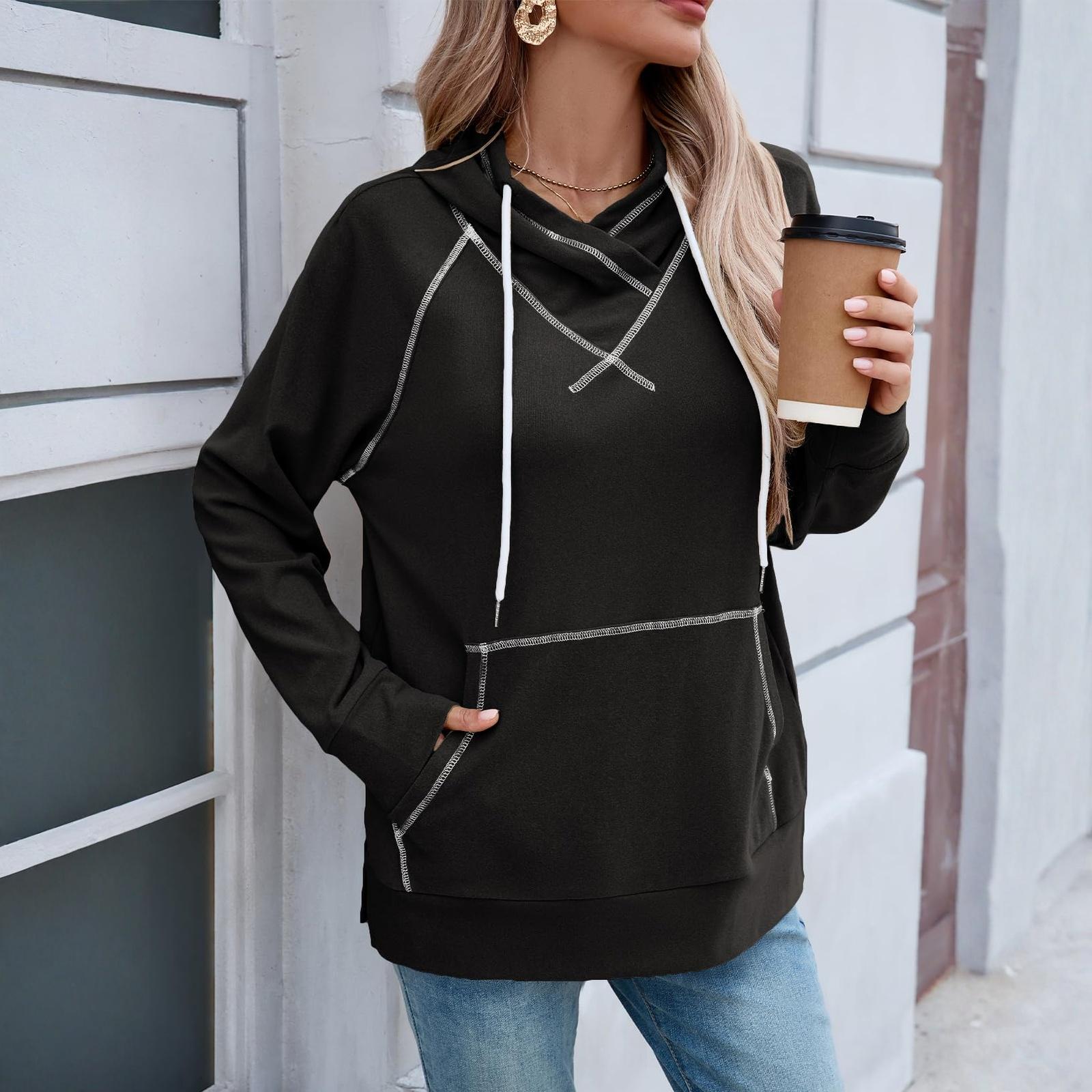 

Ladies Casual And Fashionable Drawstring Hooded Pullover Long Sleeved Solid Color Hoodie L