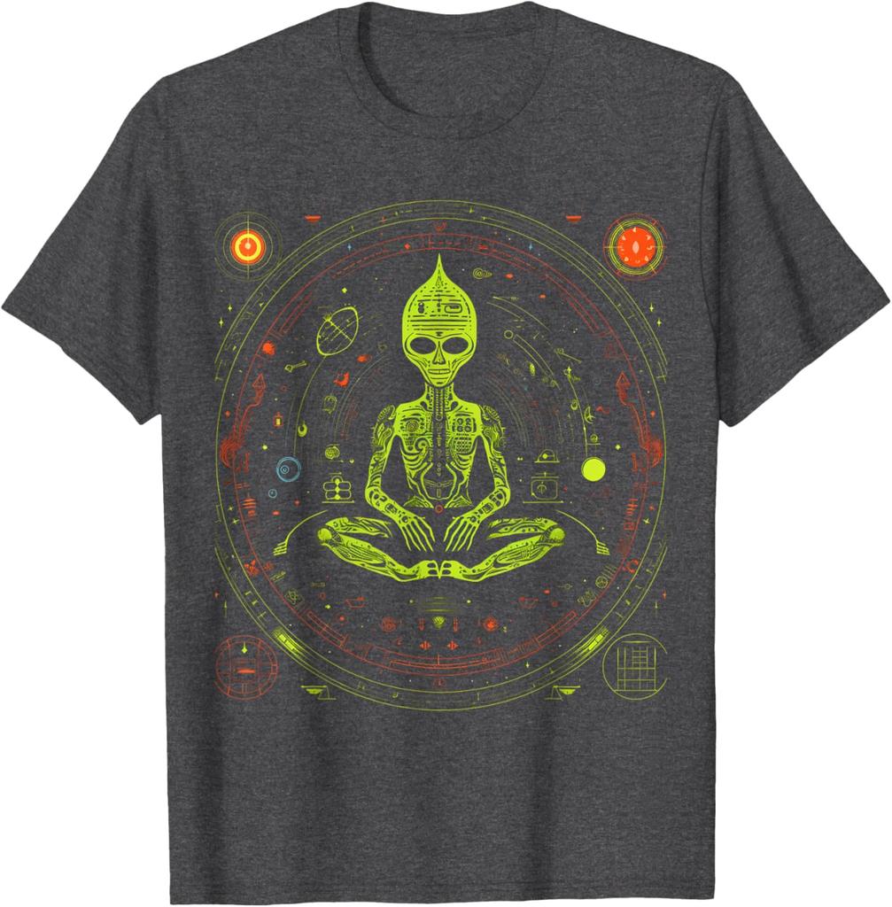 Alien Zen Meditation Graphic Tee Men's Breathable Cotton Casual Short Sleeve T-Shirt