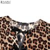 ZANZEA Women Casual Playful Leopard Print Front Tie Puff Sleeve Mini Dress
