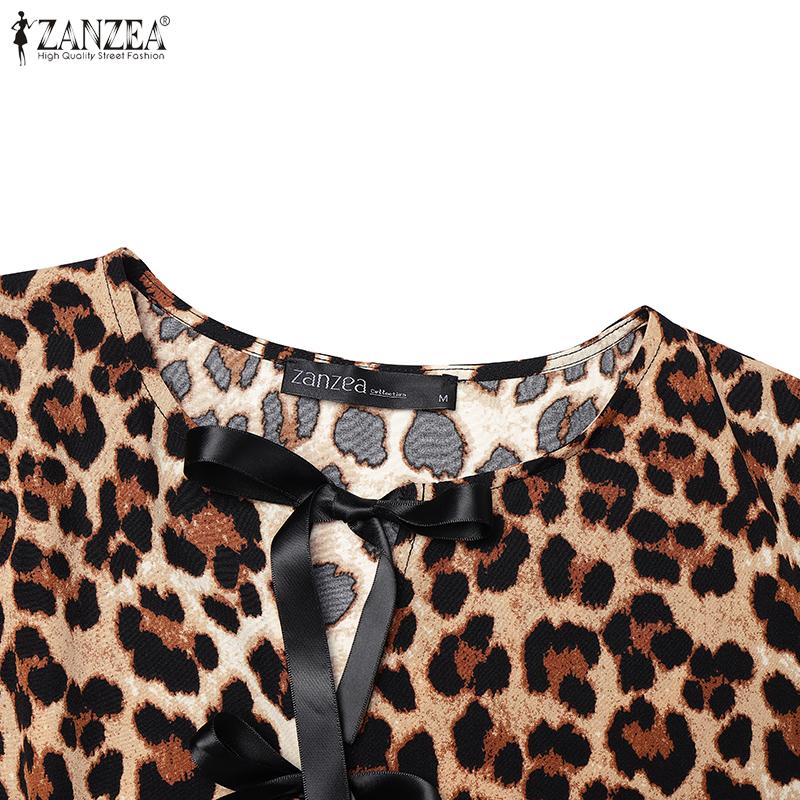 ZANZEA Women Casual Playful Leopard Print Front Tie Puff Sleeve Mini Dress