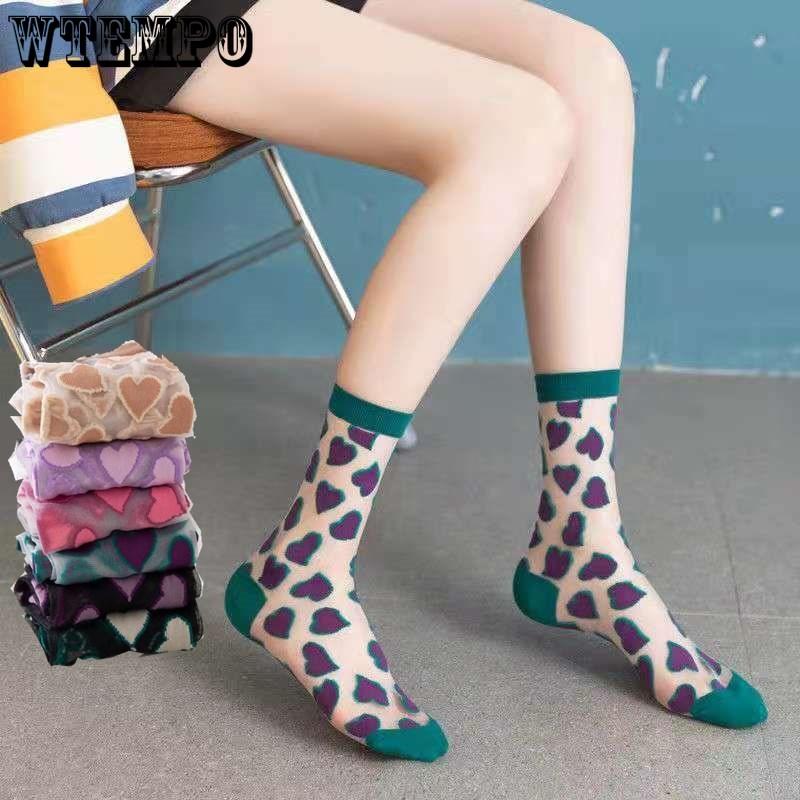 6pcs Crystal Long Socks Women Spring Summer Love Transparent Glass Silk Japanese Cute Thin Mid-Calf Stockings