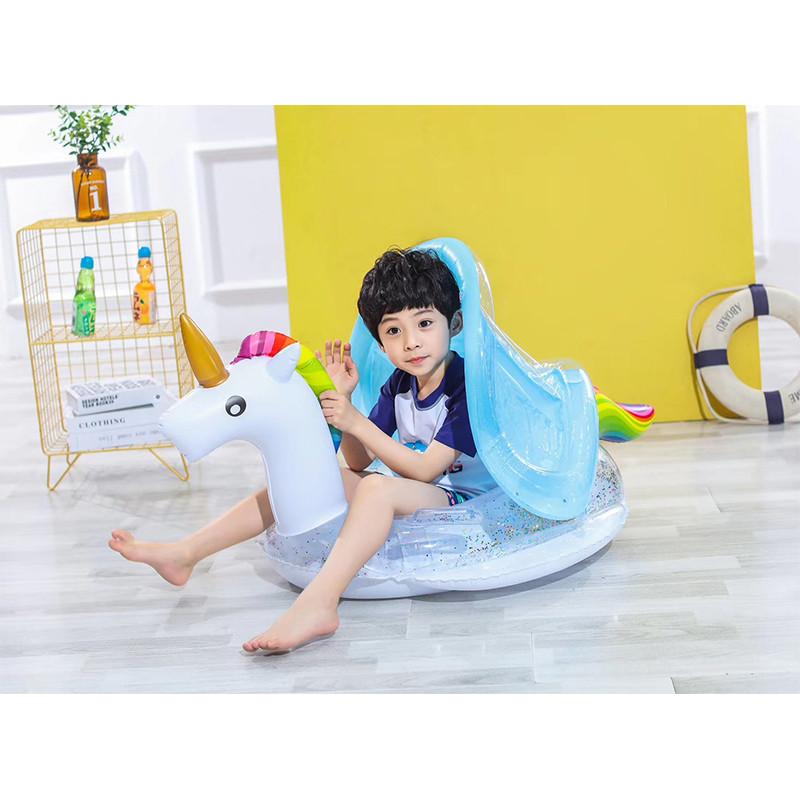 Baby Inflatable Swimming Ring With Sunshade For 1-3 Year Old Boys And Girls Cartoon Pattern Anti-flip Pvc Material Lightweight 580g