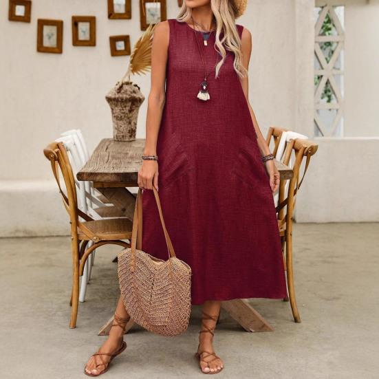 Women's Sleeveless Long Dress Casual Crew Neck Maxi Dress Summer Beach Vacation Shift Sundress with Pockets