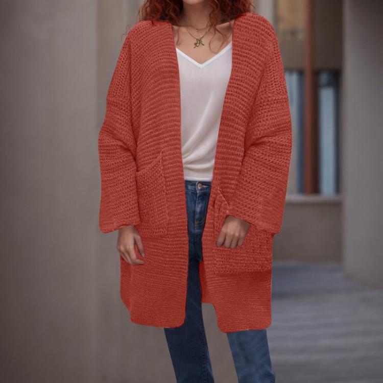 Loose Pocket Jacket Women Solid Colour V Neck Knitted Cardigan Fashion S горячий розовый