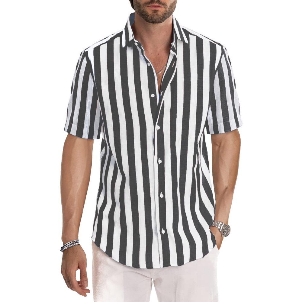 Summer Men's Casual Striped Lapel Short Sleeved Shirt