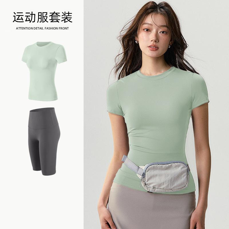 Basic yoga t-shirt women s waist versatile fitness short-sleeved running quick-drying yoga clothes tight top S