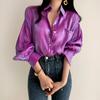 European and American Women's Fashion Button Lapel Pocket Lantern Sleeve Long Sleeve Shirt