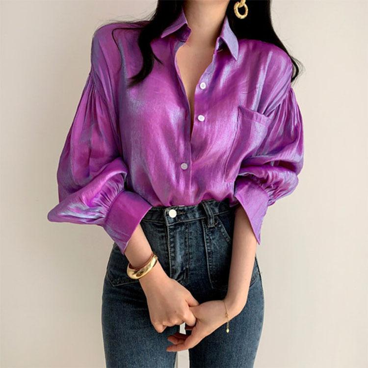 European and American Women's Fashion Button Lapel Pocket Lantern Sleeve Long Sleeve Shirt