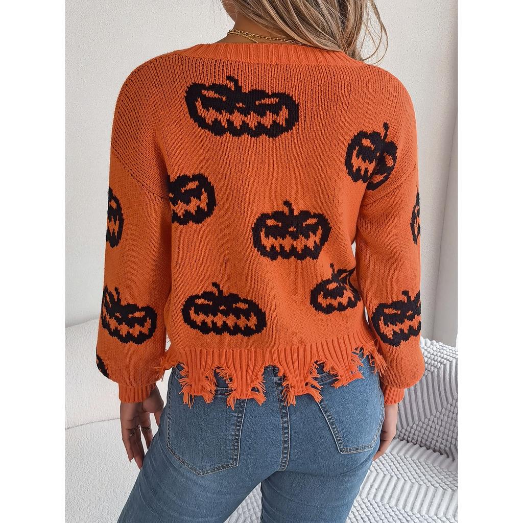 QICED Autumn Winter Halloween Color-blocking Pumpkin Cut-up Long-sleeved Pullover Sweater Women's Clothing