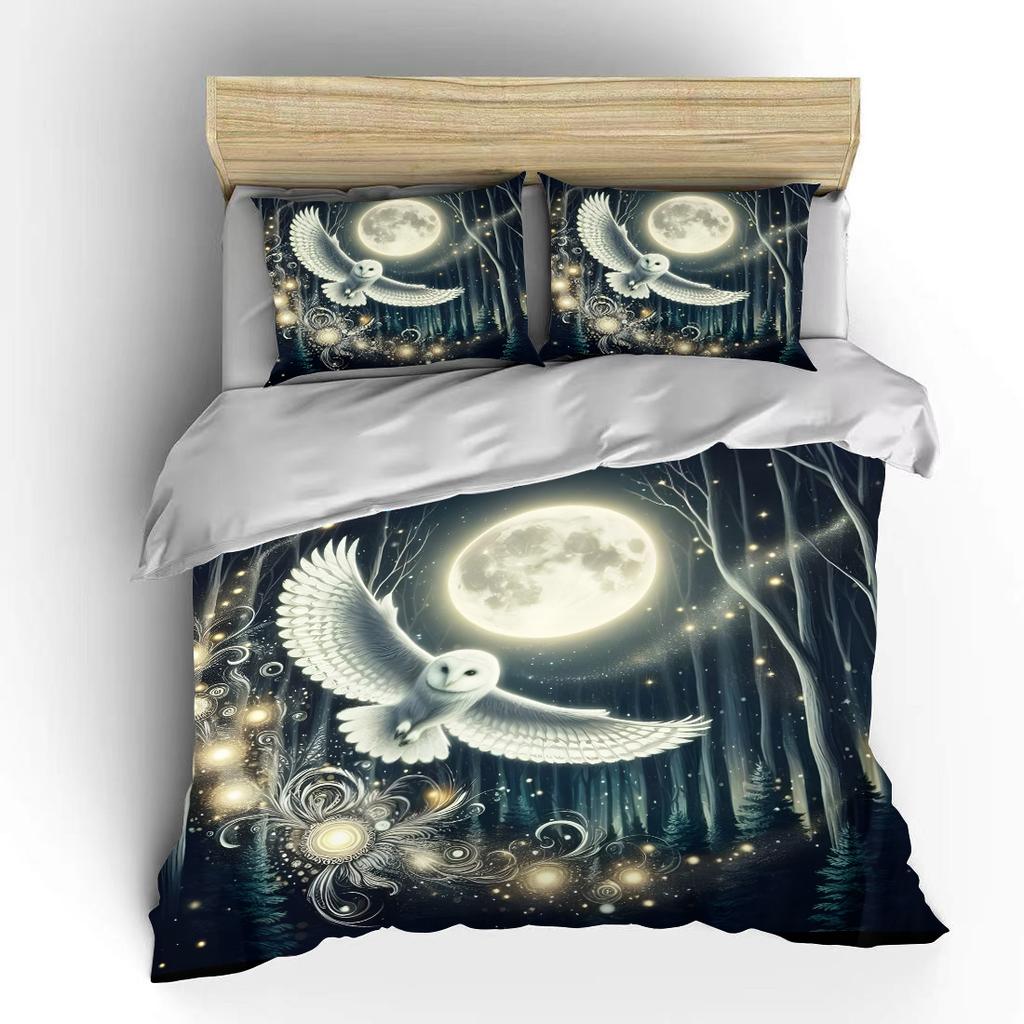 Flying White Owl In Moonlit Forest Print Bedding Set 1 Duvet Cover 2 Pillowcases For Adult And Children Luxury Gift Full Size