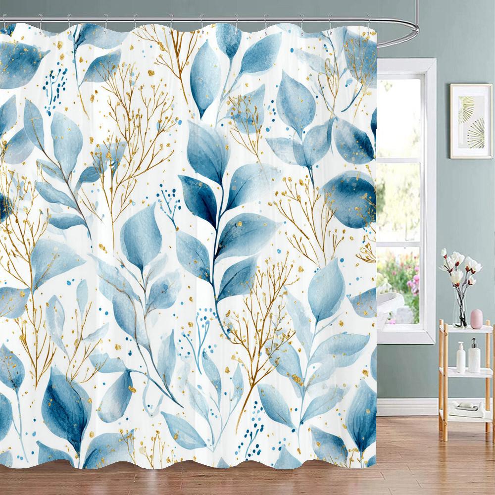 1 piece Small Fresh Plant Leaf Shower Curtain, Floral Tropical Plant Art Deco Bathroom Decorative Shower Curtain, with Hooks