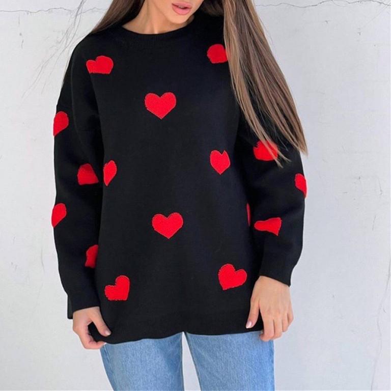 European Style Heart Embroidered Knit Pullover - Women's Round Neck, Long Sleeve, Loose Fit, Versatile Casual Top