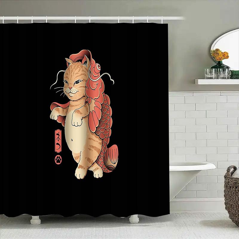 Japanese Cat Koi Fish Shower Curtain Anime Bathroom Decor Washable Waterproof Home Decor Japanese Style Wall Art Tapestry
