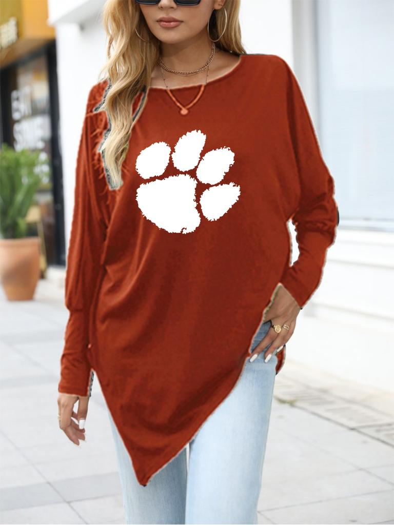 Women's Oversize Long-Sleeve Spring/Fall Asymmetrical Hem T-Shirt Fashion Printed Logn Sleeve Top