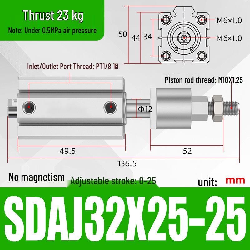 Adjustable Stroke Pneumatic Thin Cylinder - Piston Rod Sizes: 16/20/25/32/40/63