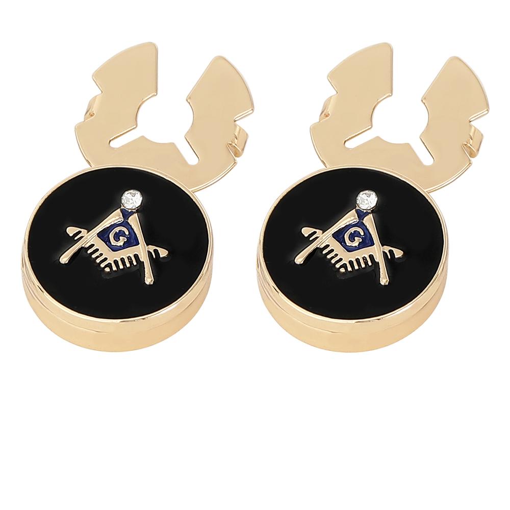2 Pcs Funny Freemason Emblem Design Button Cover Clasp Masonic Symbols Pattern Golden Mens Cufflinks