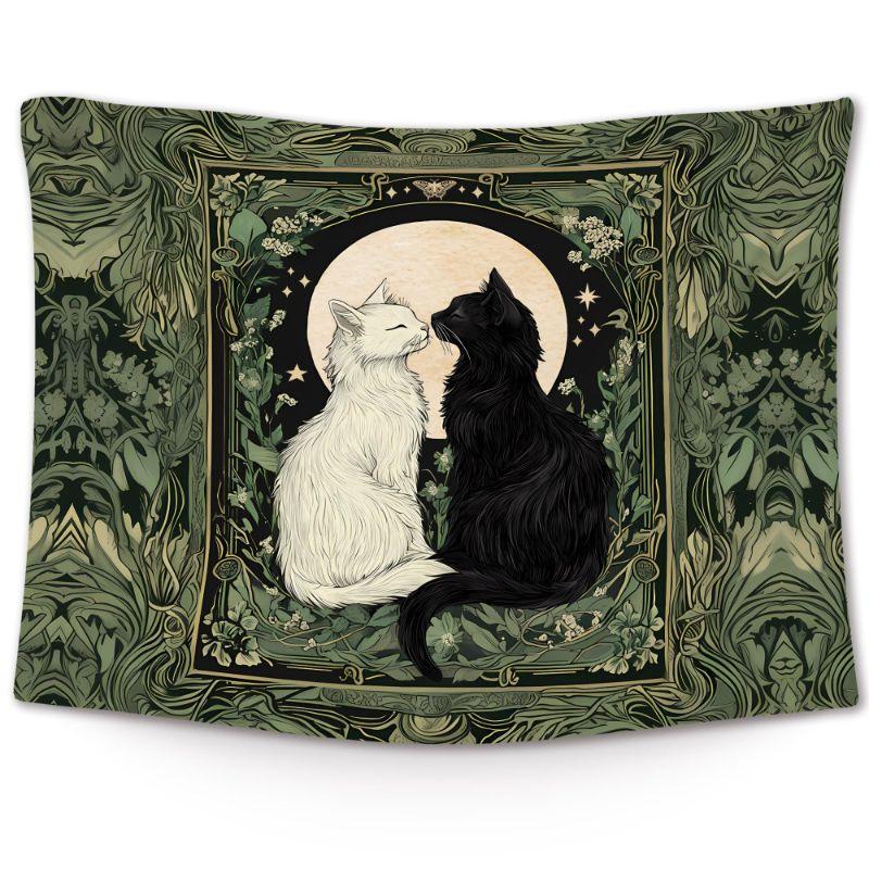 Black White Cat Moon Art Nouveau Wall Tapestry Dark Green Gold Frame Kitten Pair Crescent Floral William Morris Goth Soft