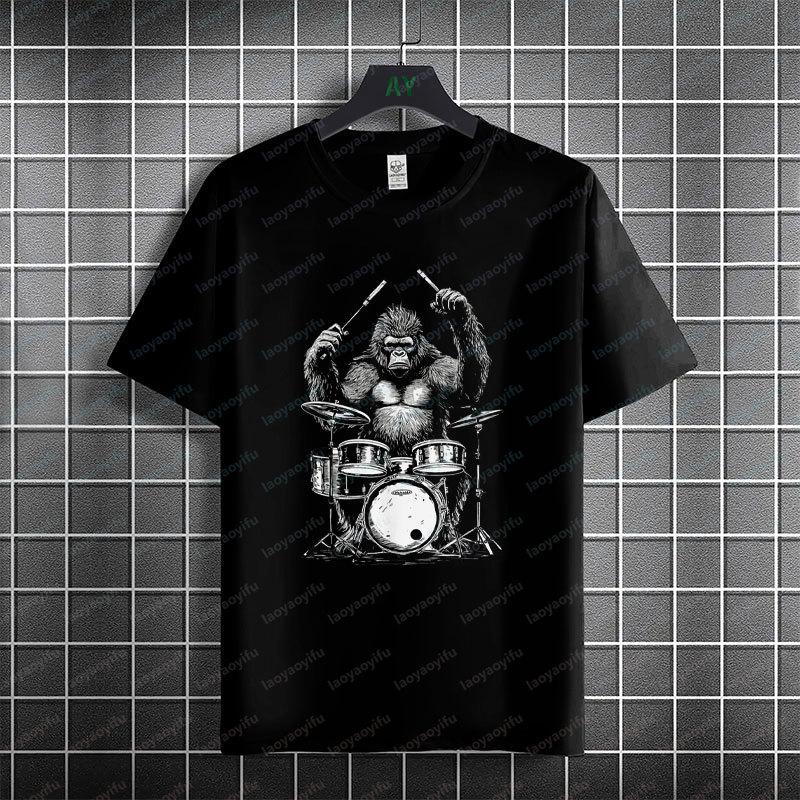 Funny Gorilla Drumming Graphic TShirt 100 Cotton Short Sleeve Round Neck Fashion Humor Style Tee for Drummers Music Fans
