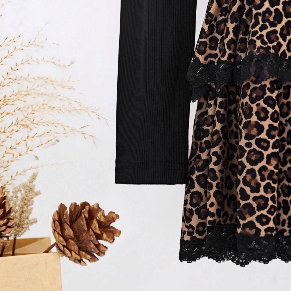 Women's Leopard Print Two-Piece Set: Top with High-Waisted Flare Mini Skirt for Autumn/Winter