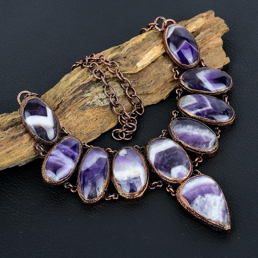 Chevron Amethyst Necklace, Copper Electroformed Gemstone Handmade Dainty Jewelry Necklace, Adjustable Chain Necklace Gift For Her