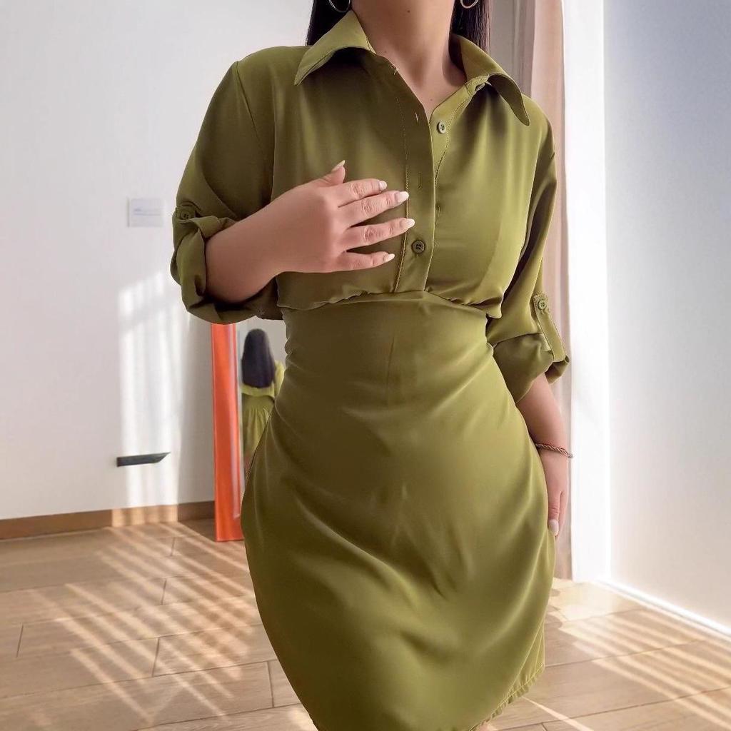 European & American Women's Fashion: 2025 Autumn New Shirt Collar Long Sleeve Waist-Cinching Hip-Hugging Short Skirt