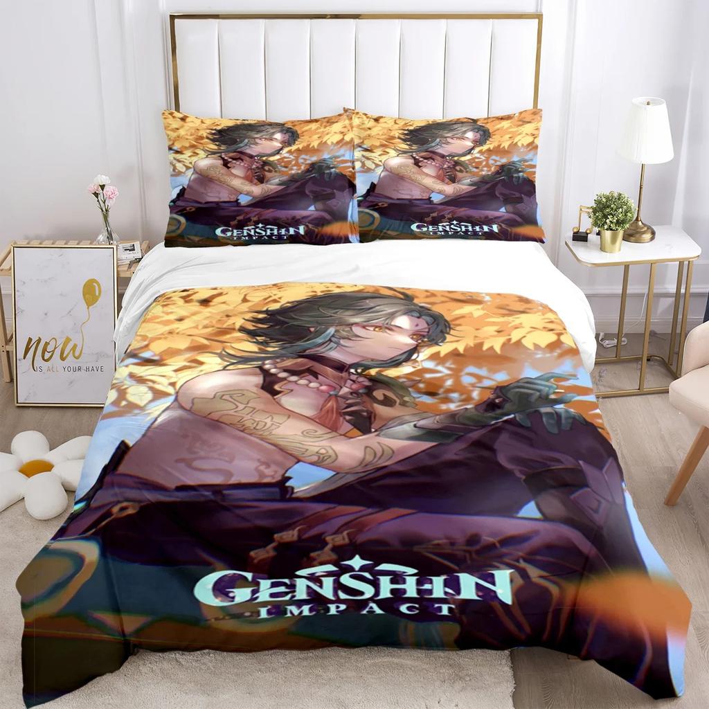 Genshin Impact Print Three Piece Bedding Set Fashion Article Children or Adults for Beds Quilt Covers Pillowcases Bedding Set