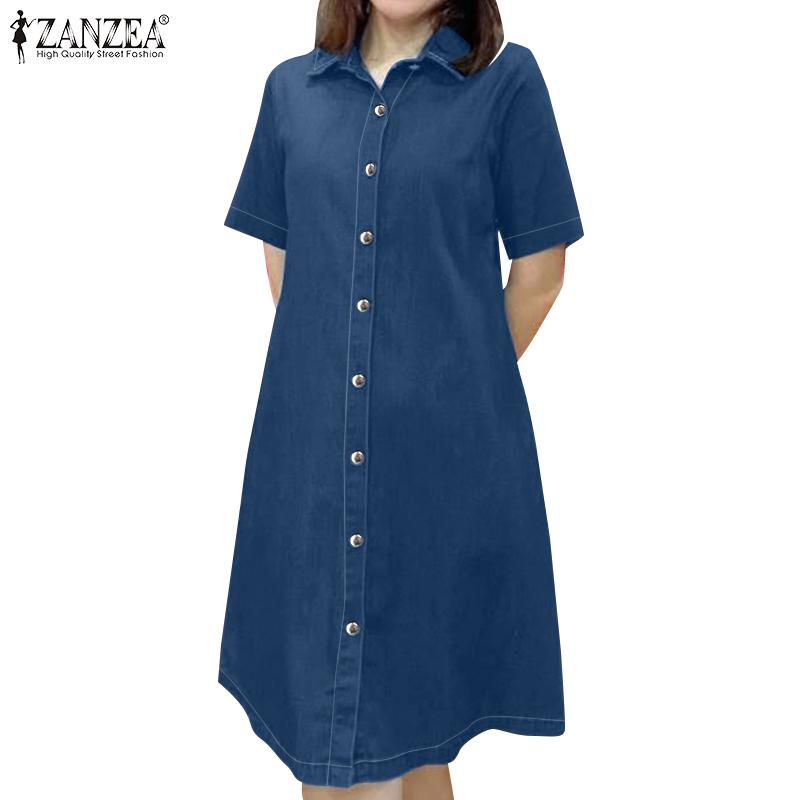 

ZANZEA Жіноча повсякденна однотонна сукня-сорочка з відкладним коміром з коротким рукавом 5XL синій