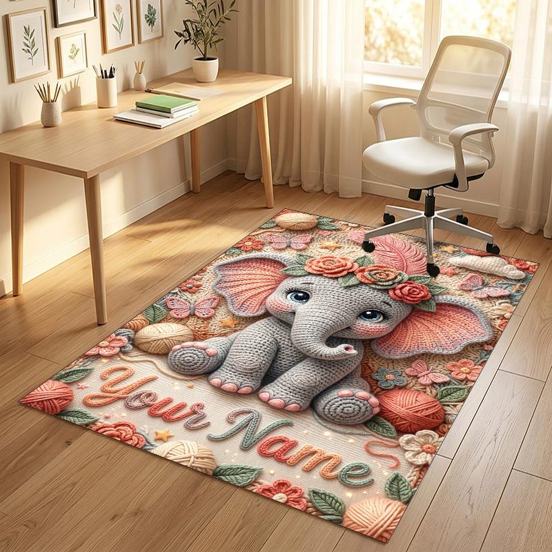 Elephant Theme Crystal Velvet Rug Personalized Custom Name Text Soft Floor Mat Home Decor