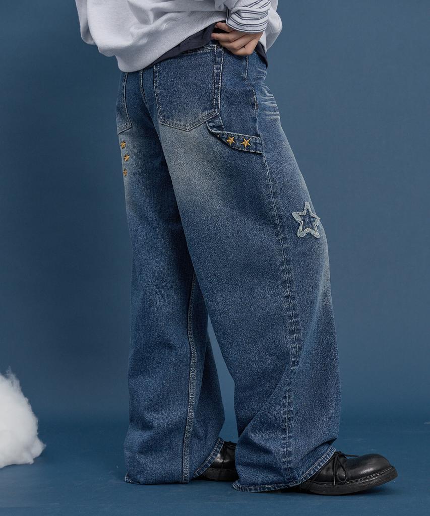 WAIKEI Star Applique Embroidery Denim Pants Medium Blue