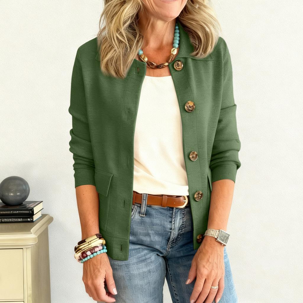 Women's Fashion Solid Color Collar Long Sleeve Button Pocket Jacket