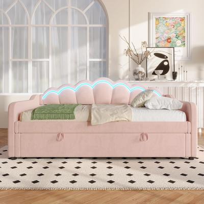 Tagesbett Flieks 90x200 cm mit Hydraulischem Stauraum, Schlafsofa mit Farbwechselbarem LED-Streifen, Rosa