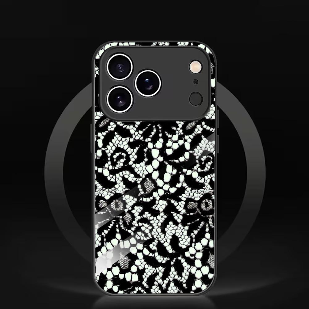 Black & White Floral Lace Glass phone case mobile phones for iphone 17 pro max cover for iPhone 17 16 15 14 13 12 11pm Pro Plus