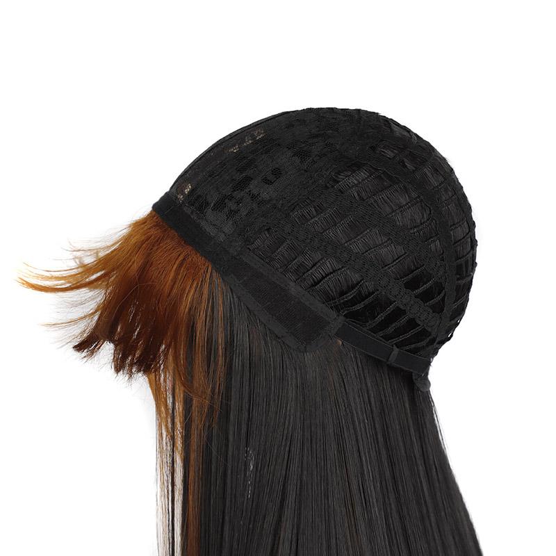 Long Hair Wig Whit Bangs Straight Hair Black Pink Blue Balayage Highlighted Color Modern Young Girl's Wigs