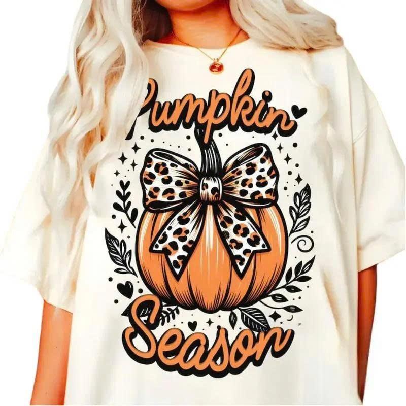 Pumpkin Season Retro Halloween T-Shirt Cheetah Fall Autumn Coquette Bow Gift Unisex T-Shirt L