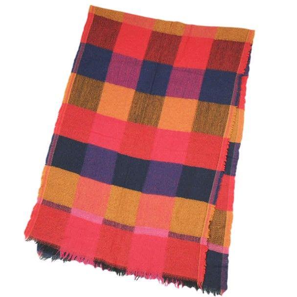 Used MOISMONT Wool Check Muffler No.088 RED/NAVY/ORANGE Fringe Stole g26514