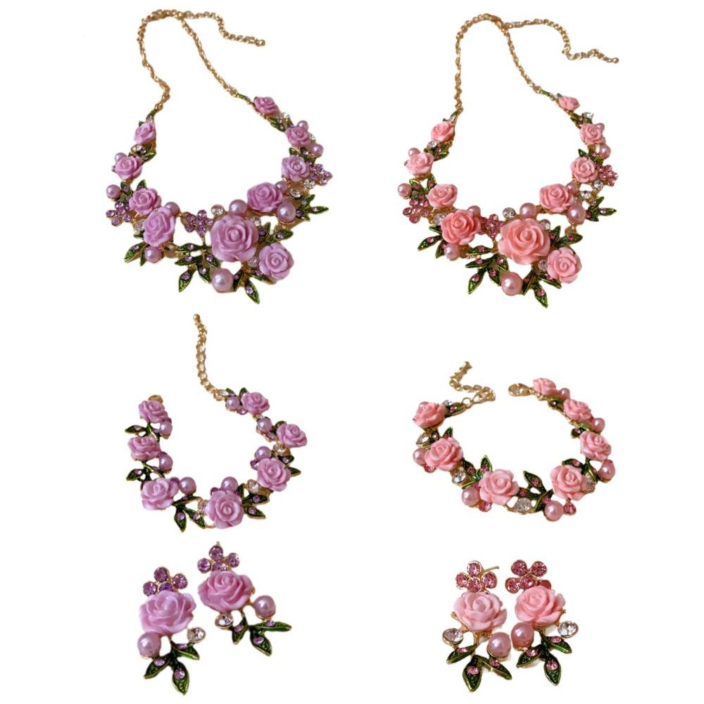 Pearl Rose Flower Necklace Rhinestone Women Jewelry Temperament Stud Earrings  Vacation