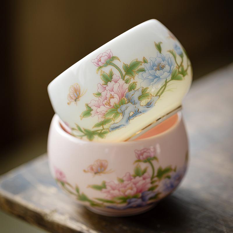 Hand Painted Peony Luohan Ceramic Master Cup Mutton Fat Jade Porcelain Chinese Gongfu Teaware Personal Luxury Gift