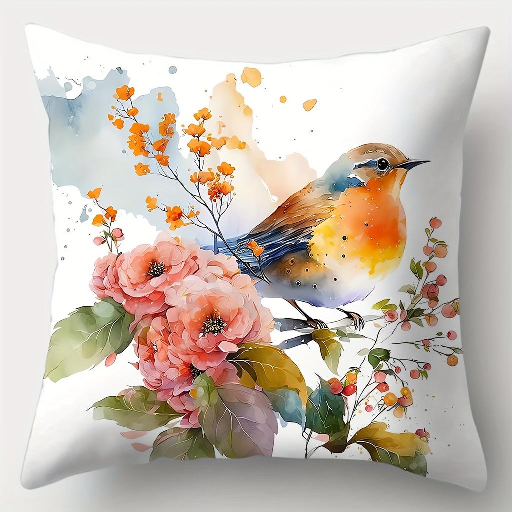 Vibrant Bird Floral Pillow Covers Soft Polyester Single Side Print Decorative Cushion Covers For Sofa Living Room Bedroom Decor