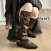 Pointed Pleated Thick Heel Trouser Boots Women's Niche Design Feeling Belt Buckle High Knight Boots But Knee Spice Girl Boots