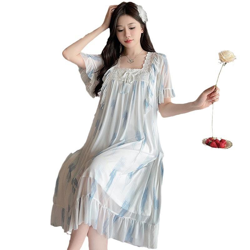 Linglei Summer Solid Color Lace Bow Mesh Court Princess Style Long Nightdress Pajamas Loungewear Women