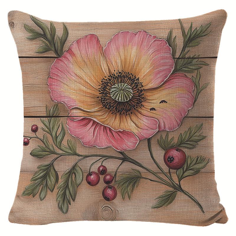 Spring Pink Flower Linen Printed Pillowcase, Nordic Festival Decoration, Simple Living Room Cushion