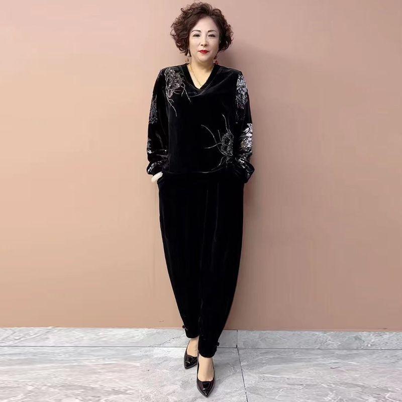 Ensemble Pantalon Automne Femme Broderie Grande Taille Chemisier Velours Taille Haute Pantalon Harem Velours Ensemble Deux Pièces