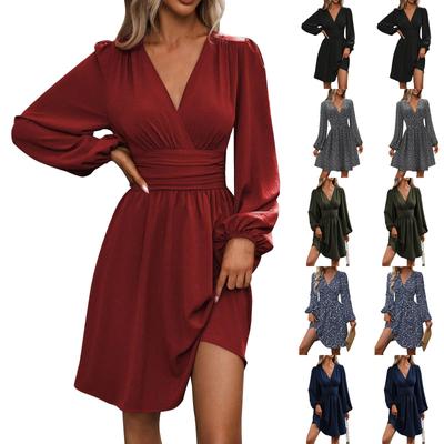 Women's New V-neck Long Sleeve Ruffled Waist Dress