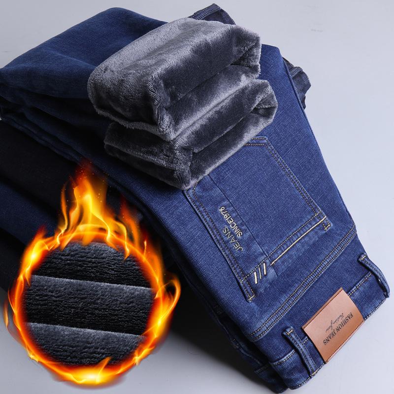 Spring And Autumn Winter New Men'S Plush/Regular Jeans Slimming Straight Stretch Business Versatile Long Pants